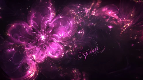 Fractal magenta flower radiates luminous cosmic energy field