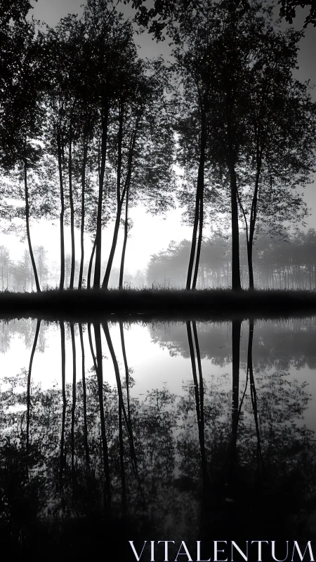 Tall trees mirrored in calm black and white forest water.