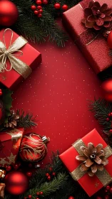 Red Christmas gifts frame a festive central copy space