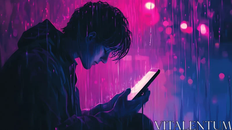 Neon rain solitude with a glowing screenlit midnight stranger.
