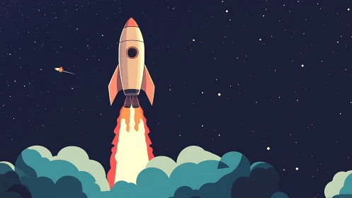 Stylized rocket launches into a starry midnight sky