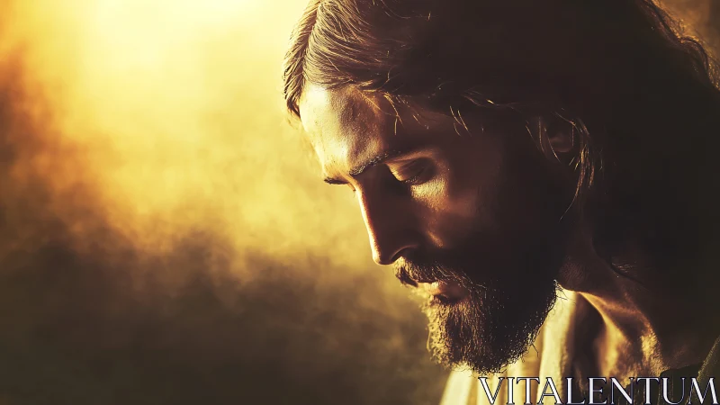 Side portrait of bearded man in warm dramatic light.