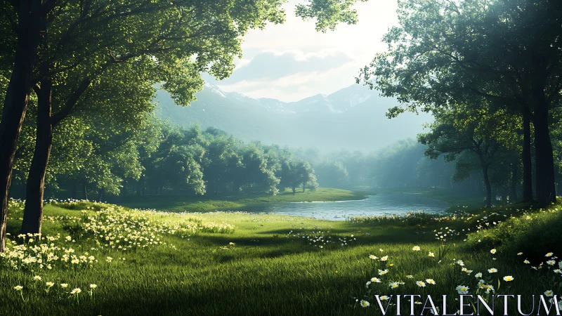 Rendered Alpine Valley Landscape with Atmospheric Depth and Layered Deciduous Canopy