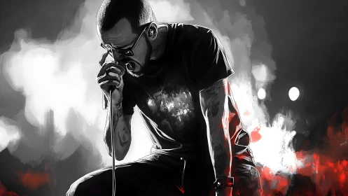 Monochrome digital painting of intense singer onstage.
