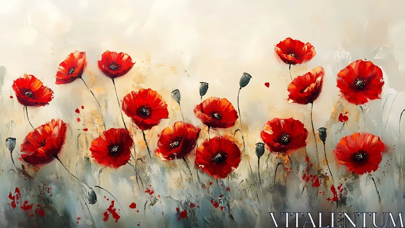Red poppy blossoms arranged in a loose abstract field painting.