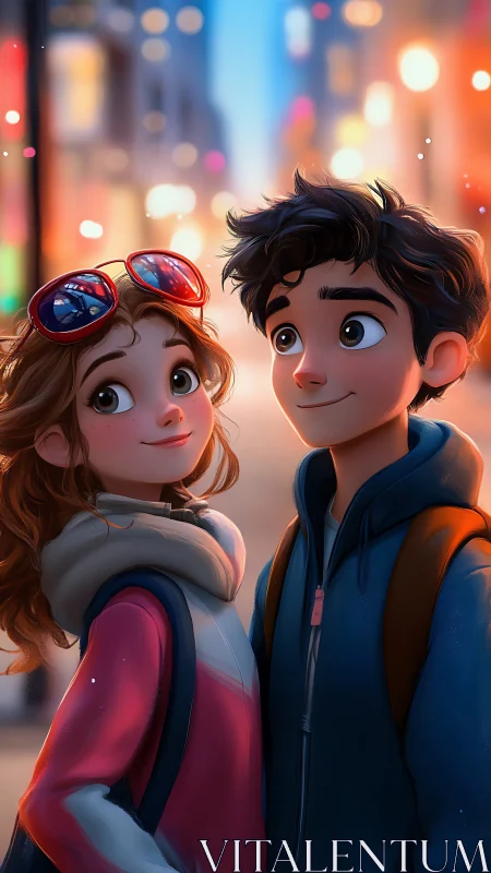 Urban Digital Characters: Two stylized figures in city light backdrop.