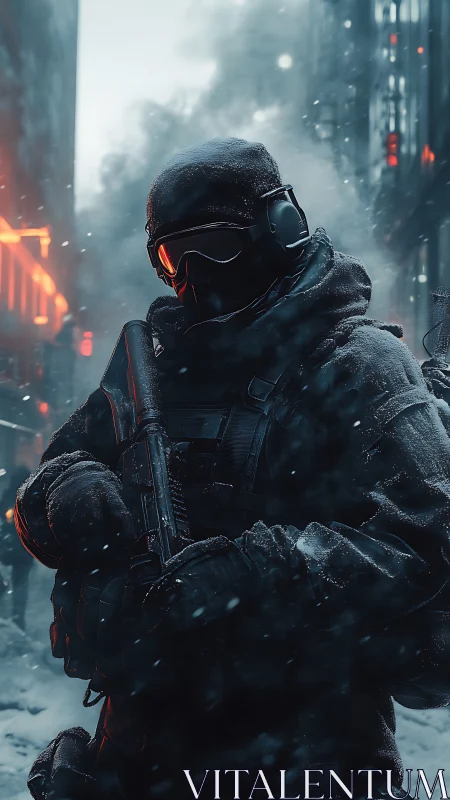 Cyberpunk tactical operative in snowbound neon corridor.