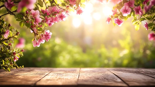 Pink flowers with wooden table and backlit garden setting.