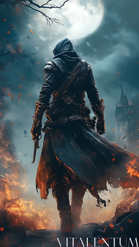 Hooded warrior walks through burning path under full moon