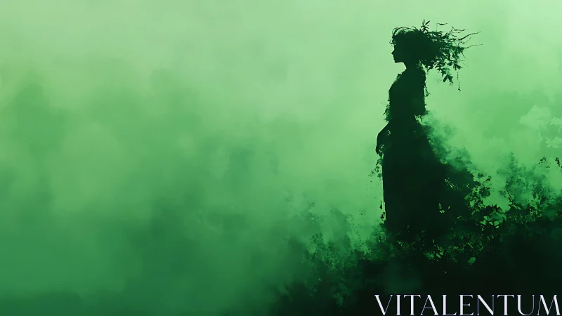 Silhouette of foliage figure in monochrome green mist field.