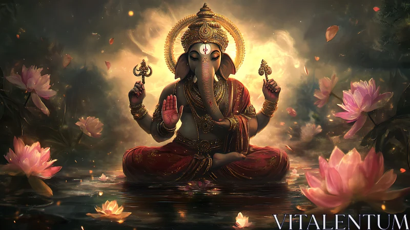 Luminous digital Ganesh iconography in lotus-lit aqueous space.