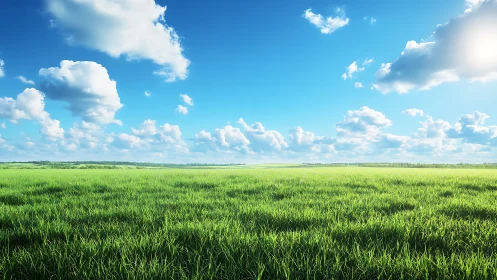 Endless spring meadow under vivid blue cumulus sky.