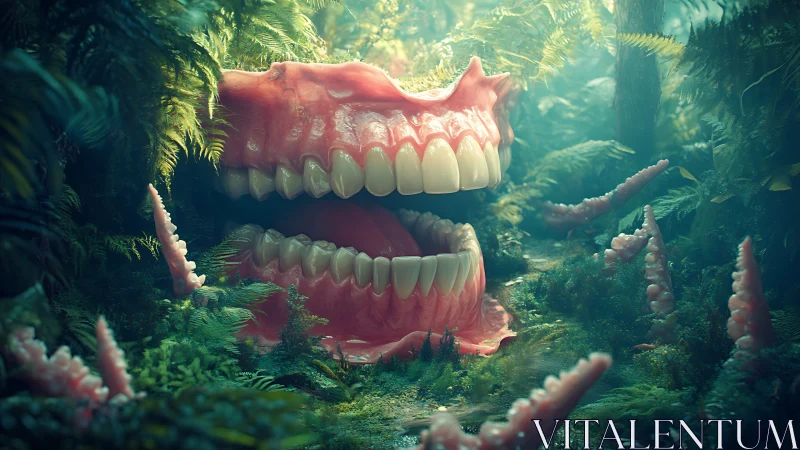 Giant denture jaws emerging among dense forest plants.