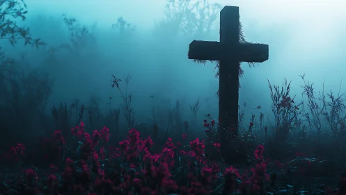 Fog-drenched graveyard cross amid neon crimson wildflowers.