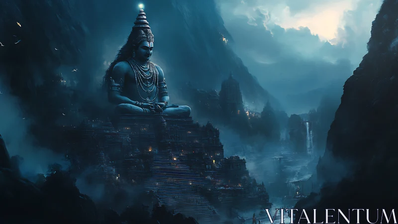 Monumental Shiva colossus dominating misted canyon metropolis.