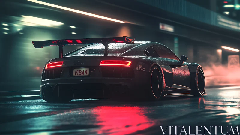 Rear street view of modified sports car in wet night scene.