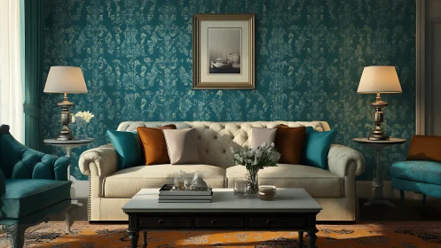 Cozy teal living room with plush sofa and gentle evening glow.