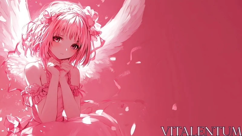 Pink angelic anime girl glows amid petals and soft wings.