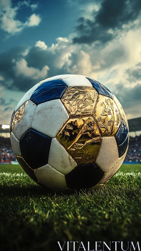 Golden match ball waiting on sunlit stadium grass.