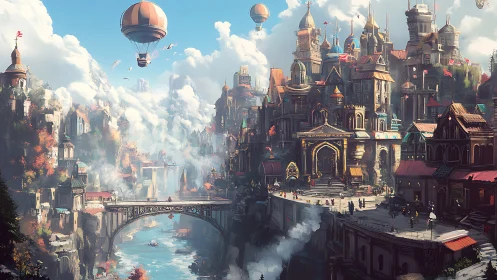 Fantasy cliffside city with airships over river canyon.