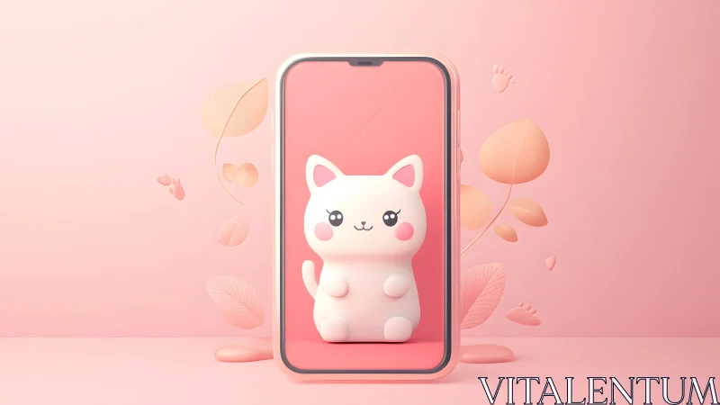 Cute cartoon cat on smartphone screen, pastel pink 3D illustration.