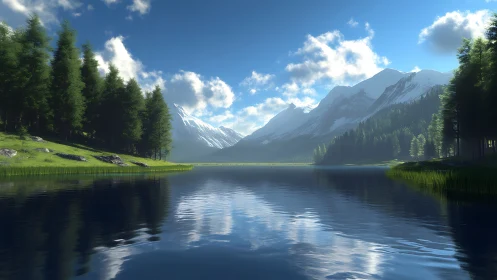 Mountain lake with conifer forest under clear daylight sky.