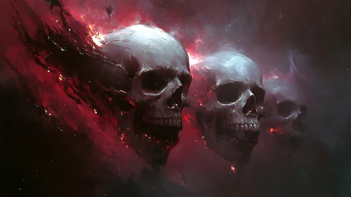 Three spectral skulls drift through crimson cosmic smoke
