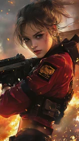 Battle-hardened soldier framed by volumetric fire and dynamic embers