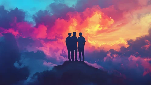 Silhouetted trio atop cloud ridge under iridescent sky.