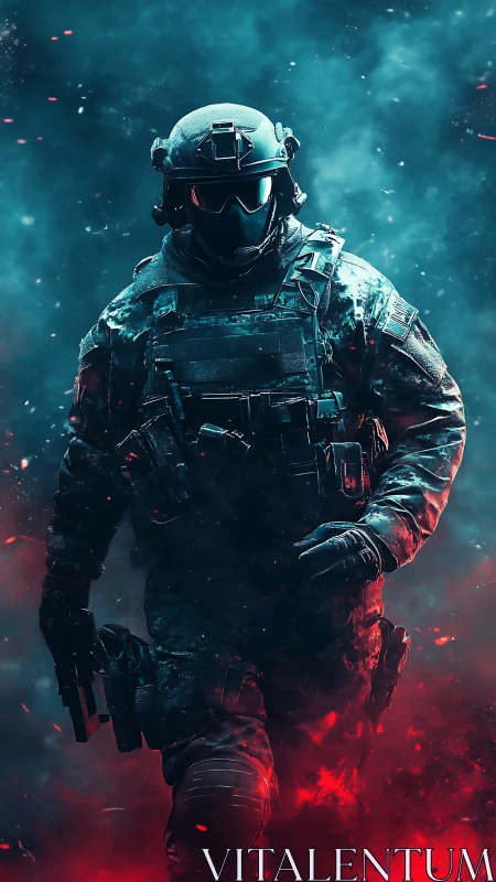 Armored tactical operator advancing through colored smoke.