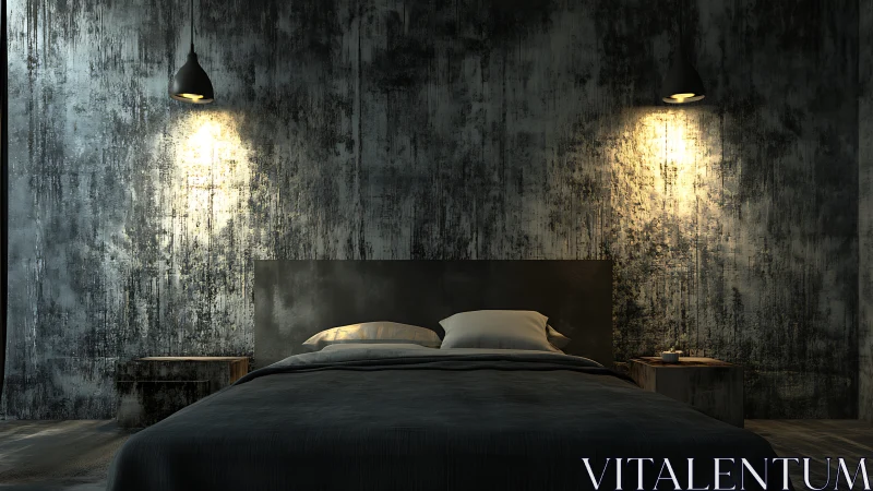 Moody industrial bedroom rendered in dramatic directional lighting