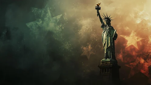 Statue of Liberty against star-textured cloudy backdrop.