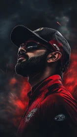 Cricket athlete in red kit rendered with dramatic rim lighting
