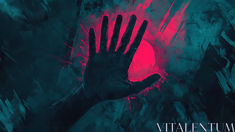 Outstretched hand silhouette against neon crimson energy sphere.