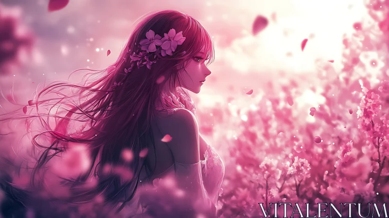 Anime girl in pink blossom field under glowing sunset.