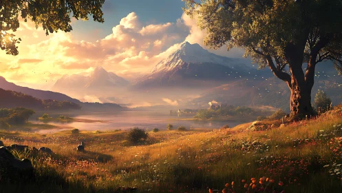 Golden mountain valley at sunset with peaceful wildflower meadow.