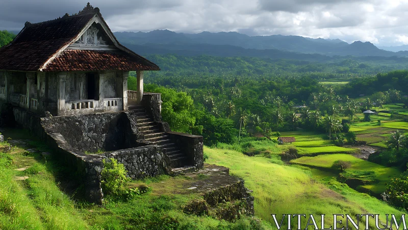 Hilltop stone temple above lush tropical rice terraces.