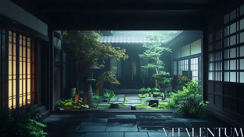 Serene indoor Japanese courtyard with soft morning light.