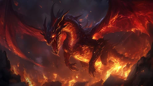 Fire dragon hovers over erupting lava field and rocky terrain.