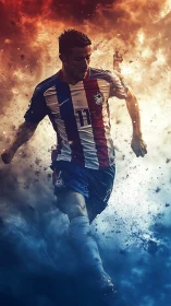 Dynamic soccer player in red, white and blue kit running fast.