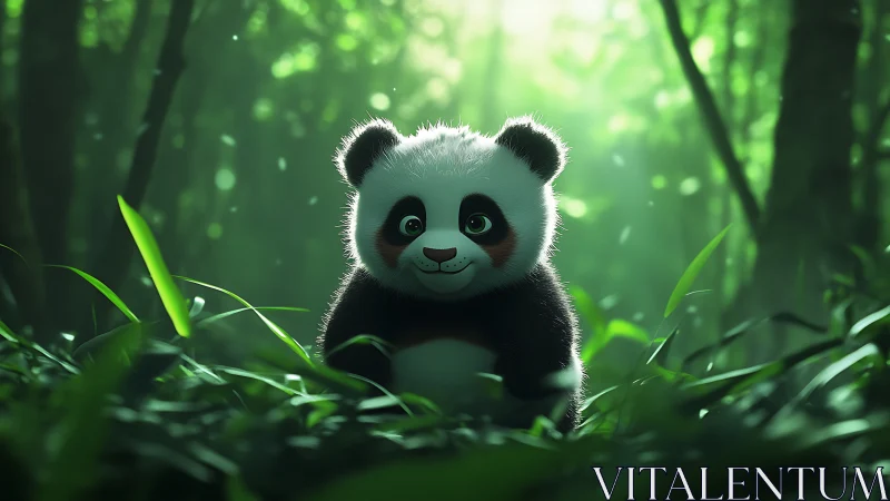 Gentle baby panda sits in glowing green forest clearing
