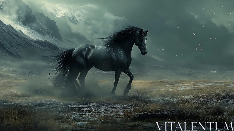 Midnight steed racing through storm-kissed mountain mist.