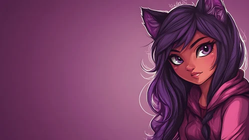 Violet cat-eared girl in hoodie on soft gradient background.