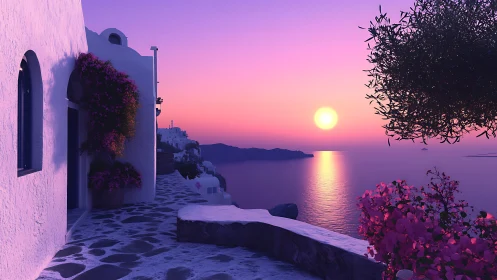 Photorealistic Santorini terrace at violet coastal sunset.