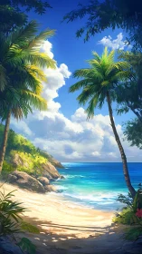 Tropical Paradise Beach Cove Framed by Swaying Palms.