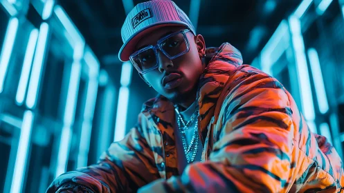 Man in neon corridor wears patterned puffer jacket and cap