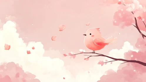 Coral Bird Perched on Springtime Bough in Pink Clouds