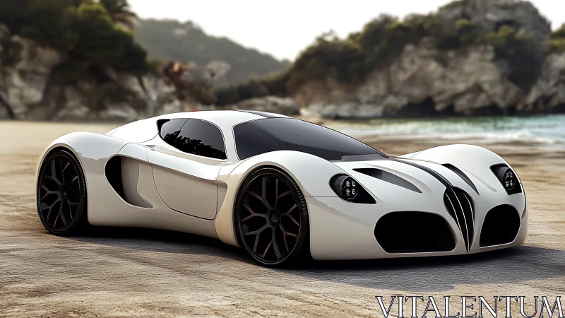 White futuristic sports car parked on coastal beach.