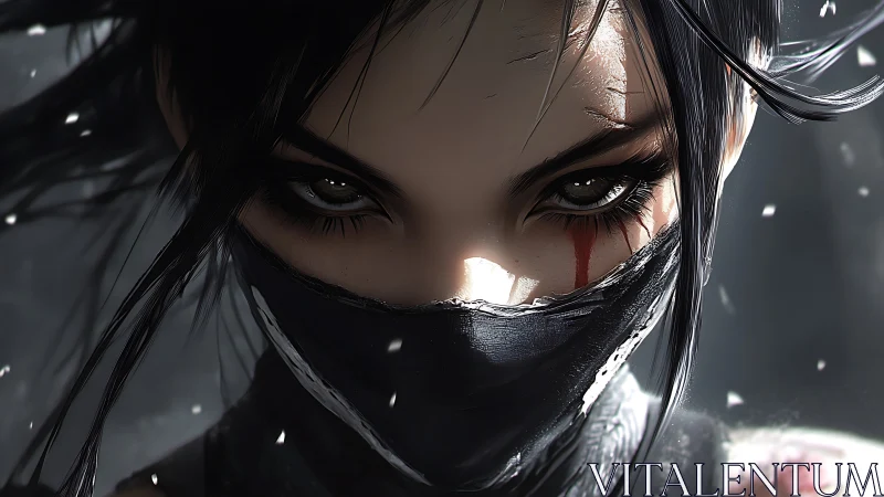 Digital painting close-up of masked avenger with scarred gaze.