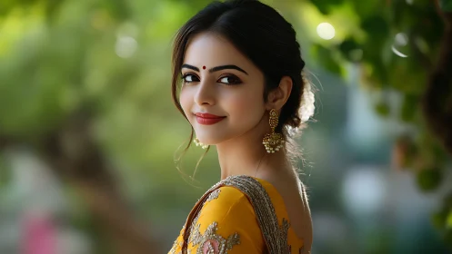 Elegant woman in yellow saree under soft garden light